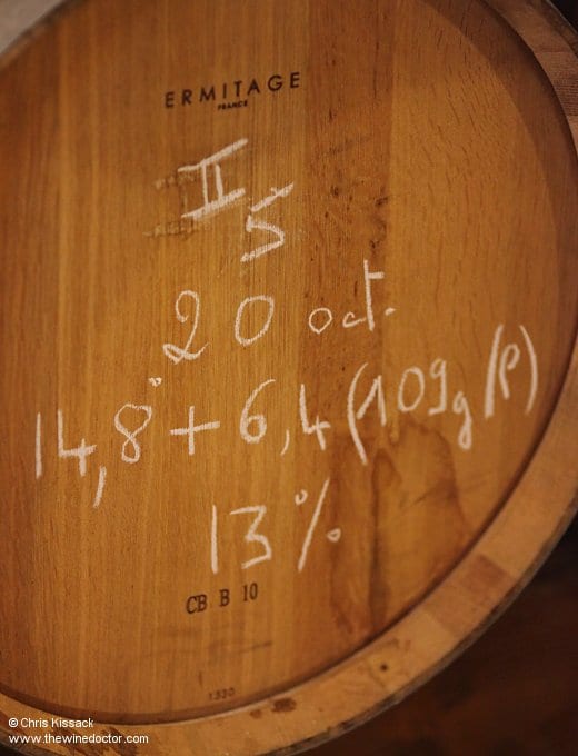 A barrel holding part of the second tri, Château Climens, April 2015 Bordeaux 2014