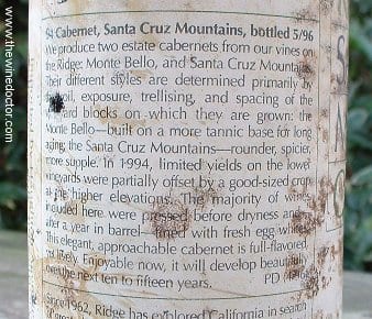 Ridge Vineyards labels are always rich in information Ridge Santa Cruz Mountains Cabernet 1994