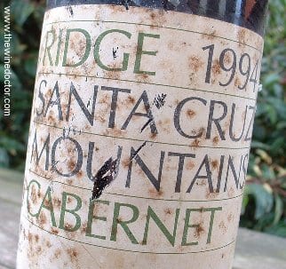Ridge Santa Cruz Mountains Cabernet 1994, with a celler-stained label Ridge Santa Cruz Mountains Cabernet 1994