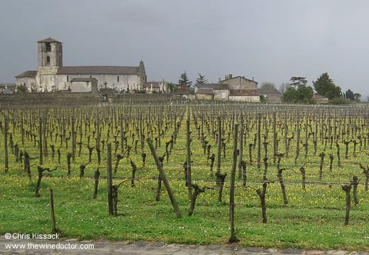 The vines of Beau-Séjour Bécot, with the church of St Martin beyond, April 2010 Bordeaux 2011