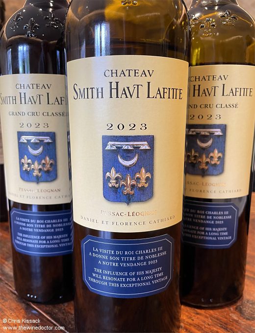 The 2023 Château Smith-Haut-Lafitte labels commemorating the visit by King Charles, April 2024 Bordeaux 2023