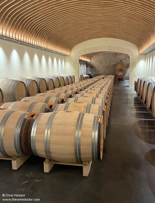 The barrel cellar at Château Larcis Ducasse, April 2023 Château Larcis Ducasse
