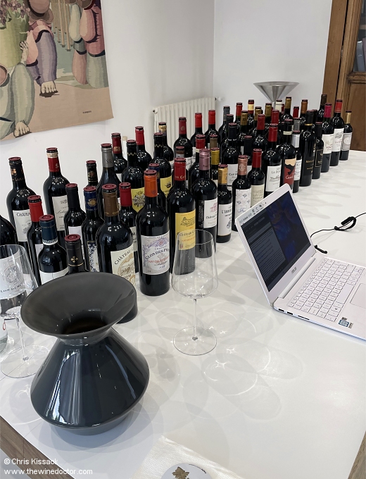 Half of the 2025 samples lined up at the Rolland laboratory, April 2026 Bordeaux 2025