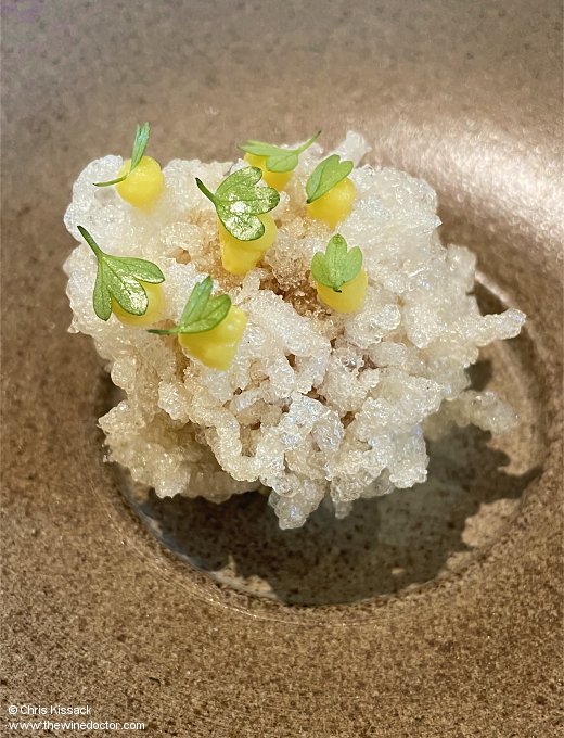 Fritter of Duroc pig, smaoked eel, lovage and fermented sweetcorn L'Enclume