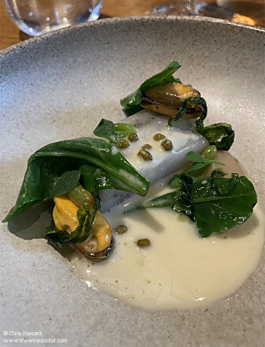 West coast skate, dulse and grilled mussels, purple azur kohlrabi, coastal vegetables, elderflower L'Enclume